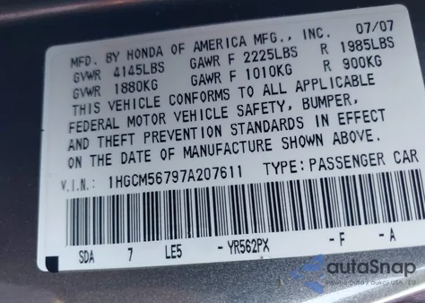 2007 Honda Accord 2.4 Ex z USA, uszkodzony, nr VIN 1HGCM56797A207611